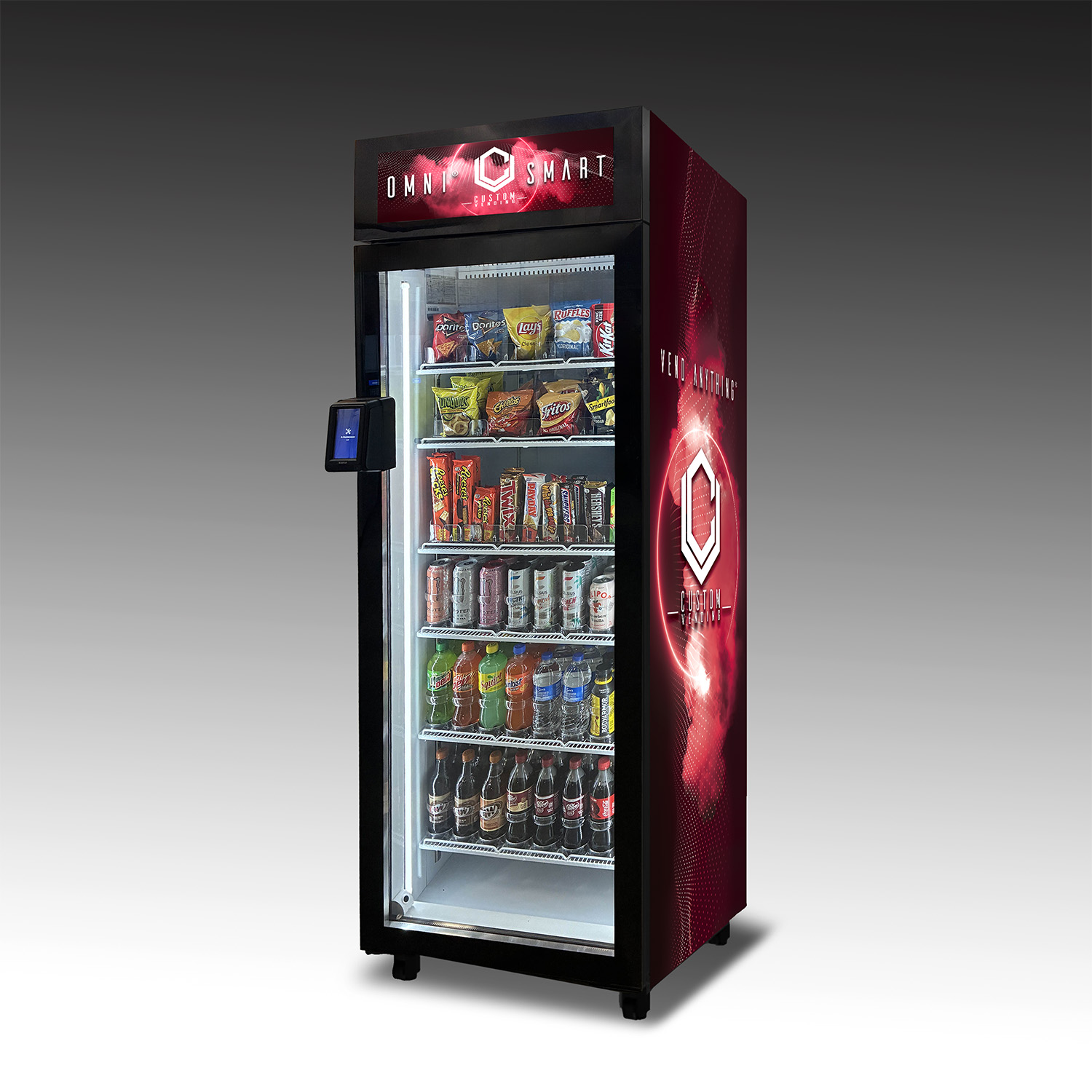 An image of the OMNI Smart Cooler chassis. It is wrapped with a futuristic red design with the Custom Vending logo on it