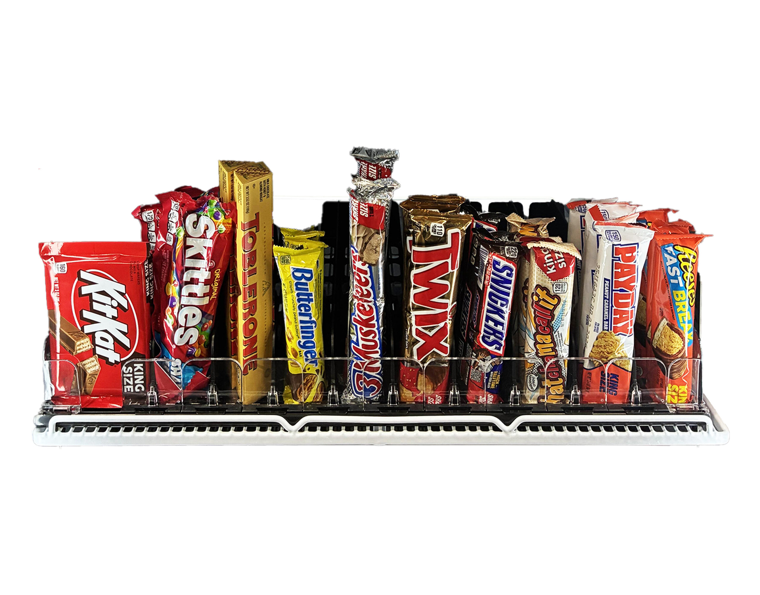 An image showing snack pushers holding small snacks like bars and boxes of candy