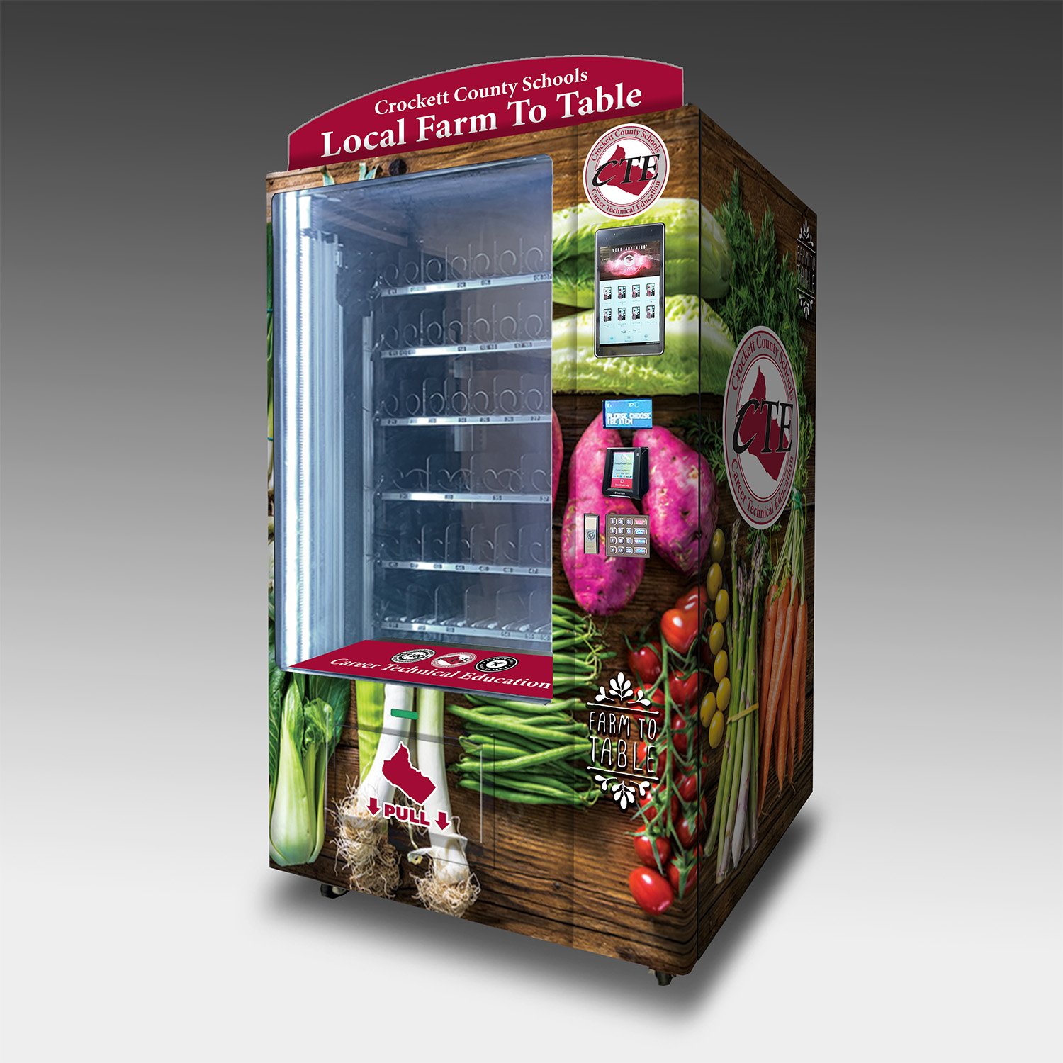 A vending machine showcasing a wrap with fresh vegetables lined up on a wooden counter