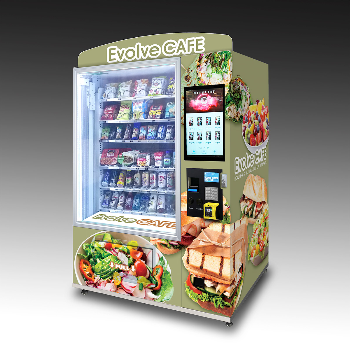 A vending machine with a wrap showcasing salads and sandwiches