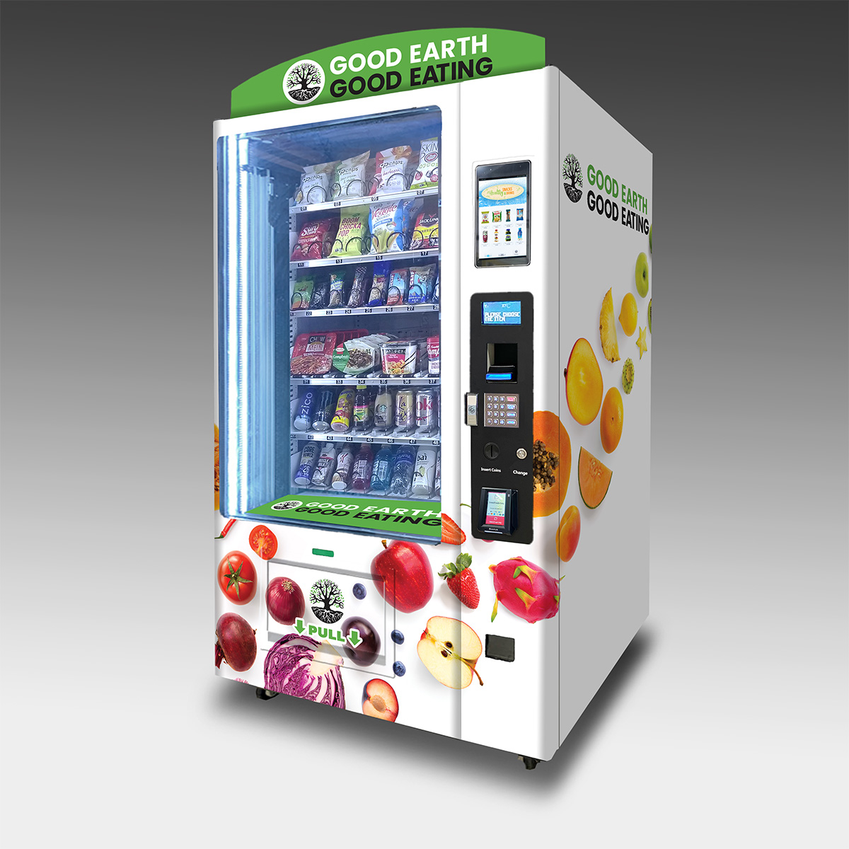 A vending machine with a wrap showcasing a cascade of cut fruits in rainbow colors