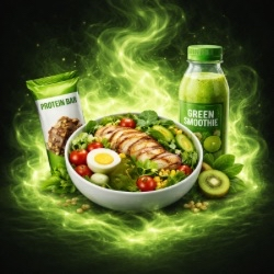 Menu icon showing a salad, green smoothie, and granola bar