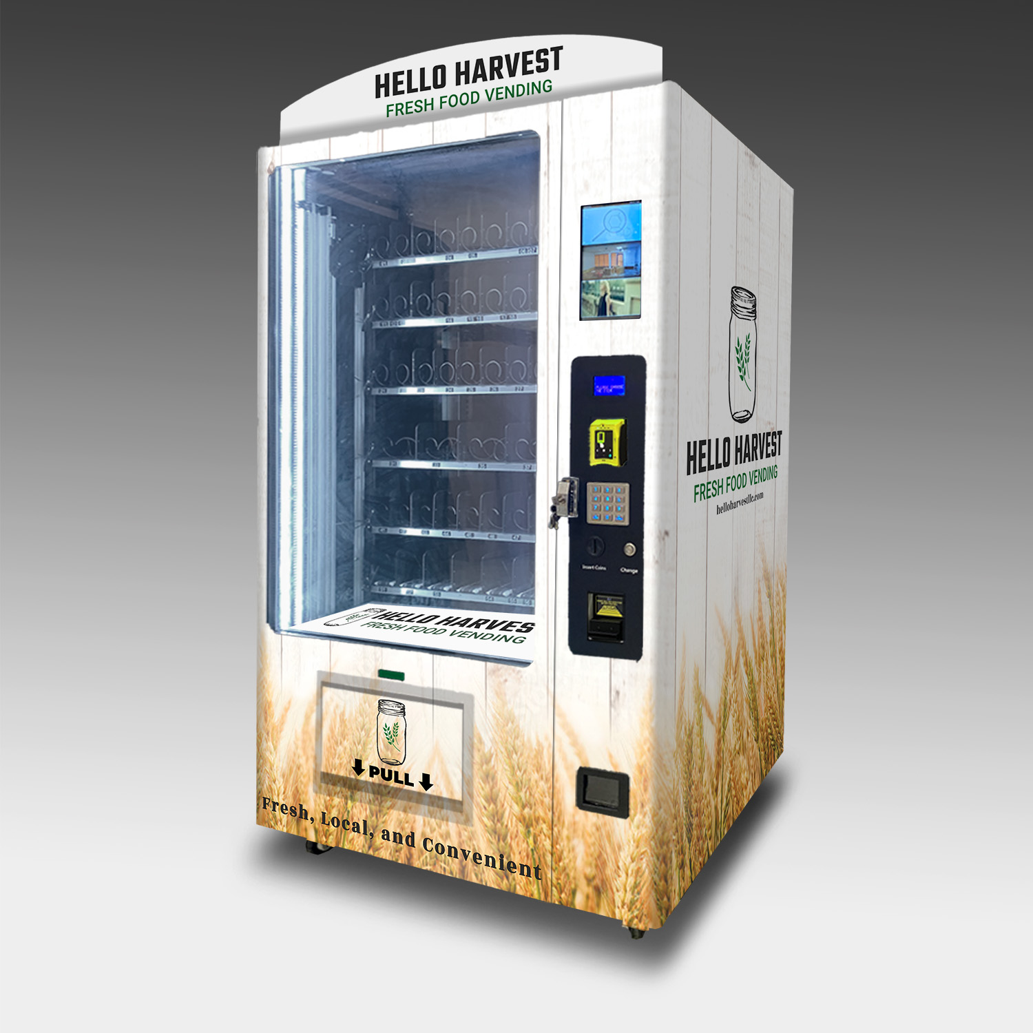 A vending machine showcasing a wrap with a golden wheat field
