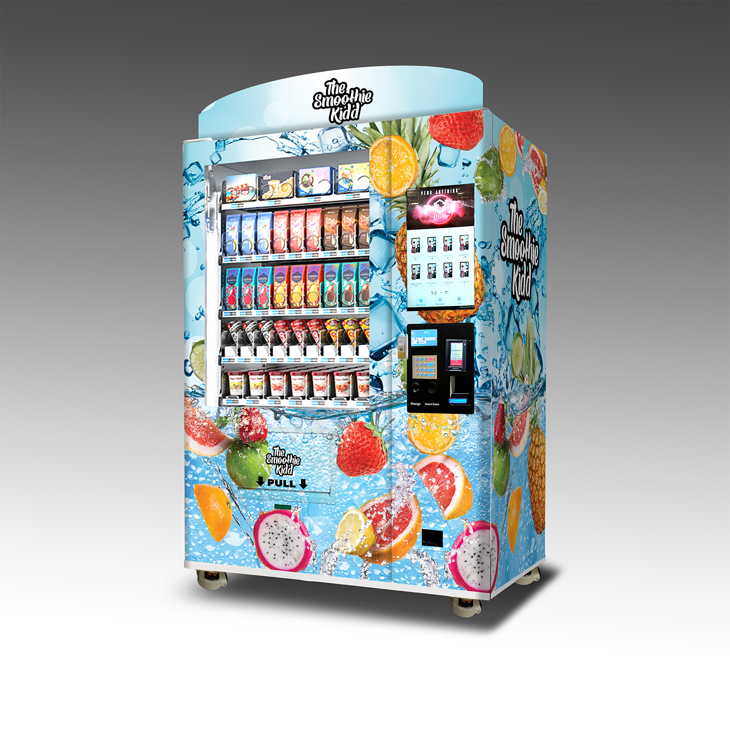A vending machine with a wrap showcasing fruit splashing into refreshing water