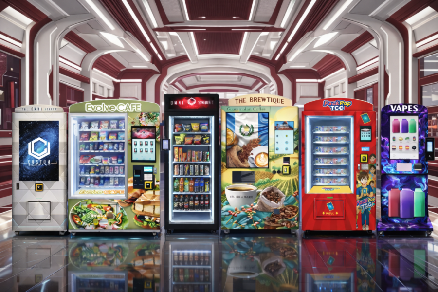 An image showing a variety of high-tech vending machines with stunning wraps displayed in a marble atrium of a high-end establishment