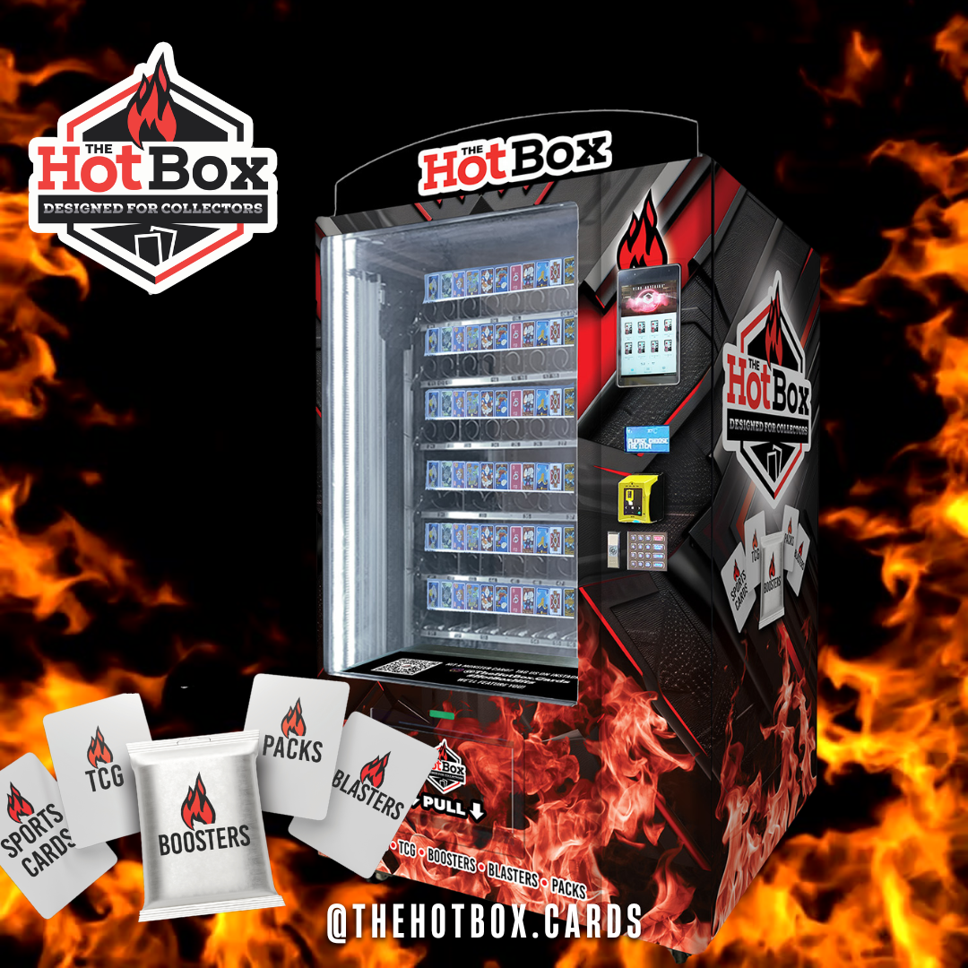 A vending machine with a futuristic design and a wrap with stylized flames by Hot Box: Designed for Collectors