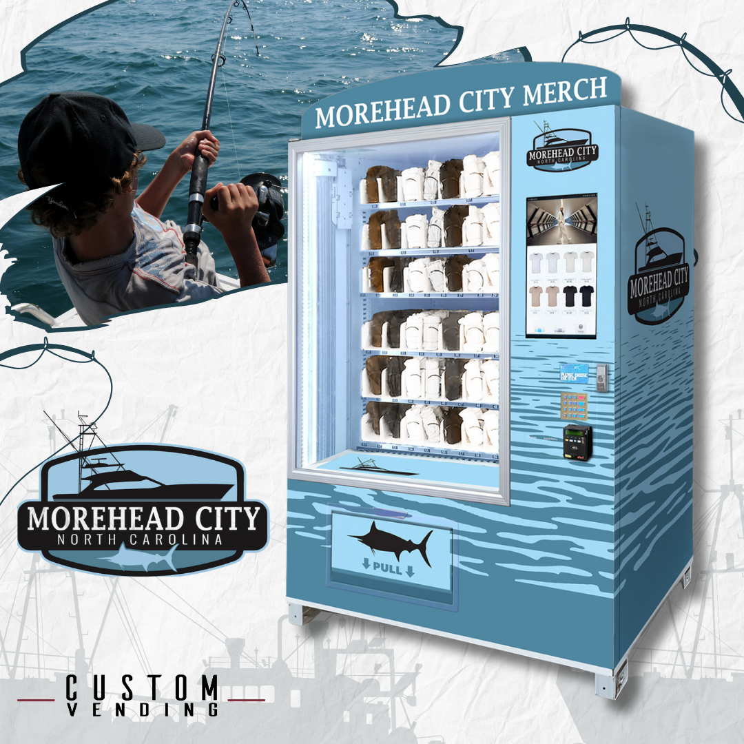 A vending machine featuring calm, pastel water next to a man fishing in the ocean. The logo for "Morehead City, North Carolina" is next to them